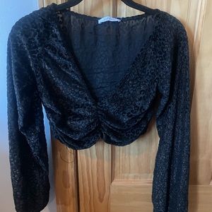 Zara Black Leopard Shimmery Long Sleeves Crop Top